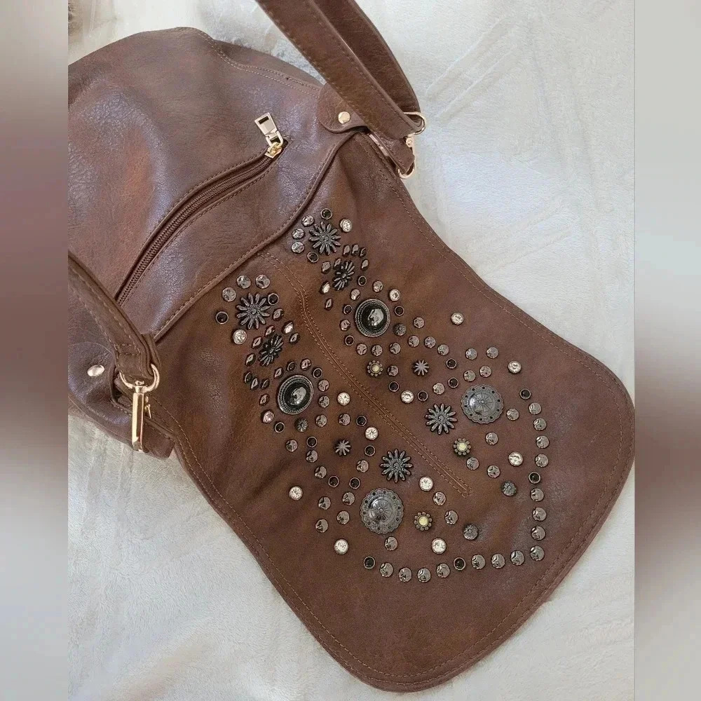 Cognac brown large Hobo studded flap rustic western cowgirl crossbody purse bag - Picture 9 of 14